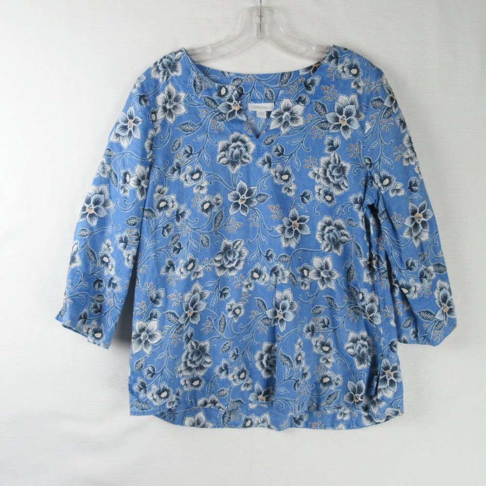 J. Jill Linen Print Blouse Size S 3/4 Sleeve Sky Blue